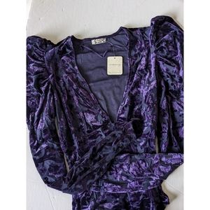 FREE PEOPLE Magic Hour Bodysuit Puff Sleeve Floral Burnout Purple Velvet